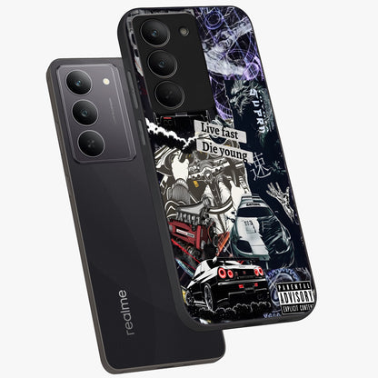 Die Young Glass Case displayed in angled mockup highlighting expressive graphic artwork with edgy aesthetic style.