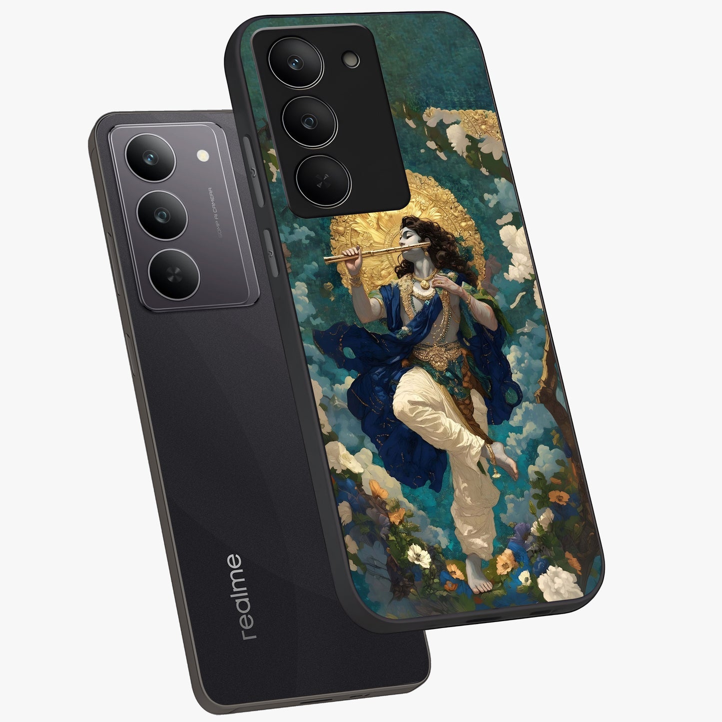 Divine Krishna Art Glass Case displayed in angled mockup highlighting spiritual Krishna illustration with devotional aesthetic.