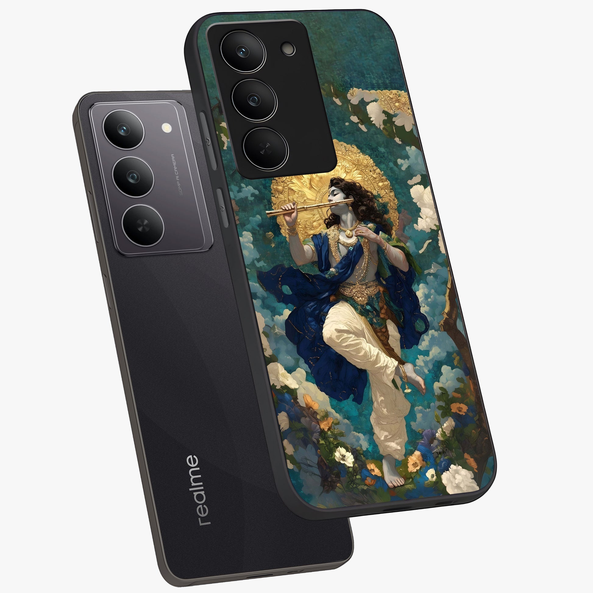 Divine Krishna Art Glass Case displayed in angled mockup highlighting spiritual Krishna illustration with devotional aesthetic.