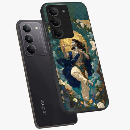 Divine Krishna Art Glass Case displayed in angled mockup highlighting spiritual Krishna illustration with devotional aesthetic.