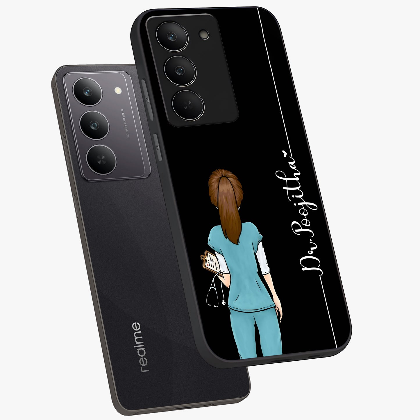 Doctor Pattern Custom Name Glass Case displayed in angled mockup highlighting doctor inspired artwork with custom name feature.