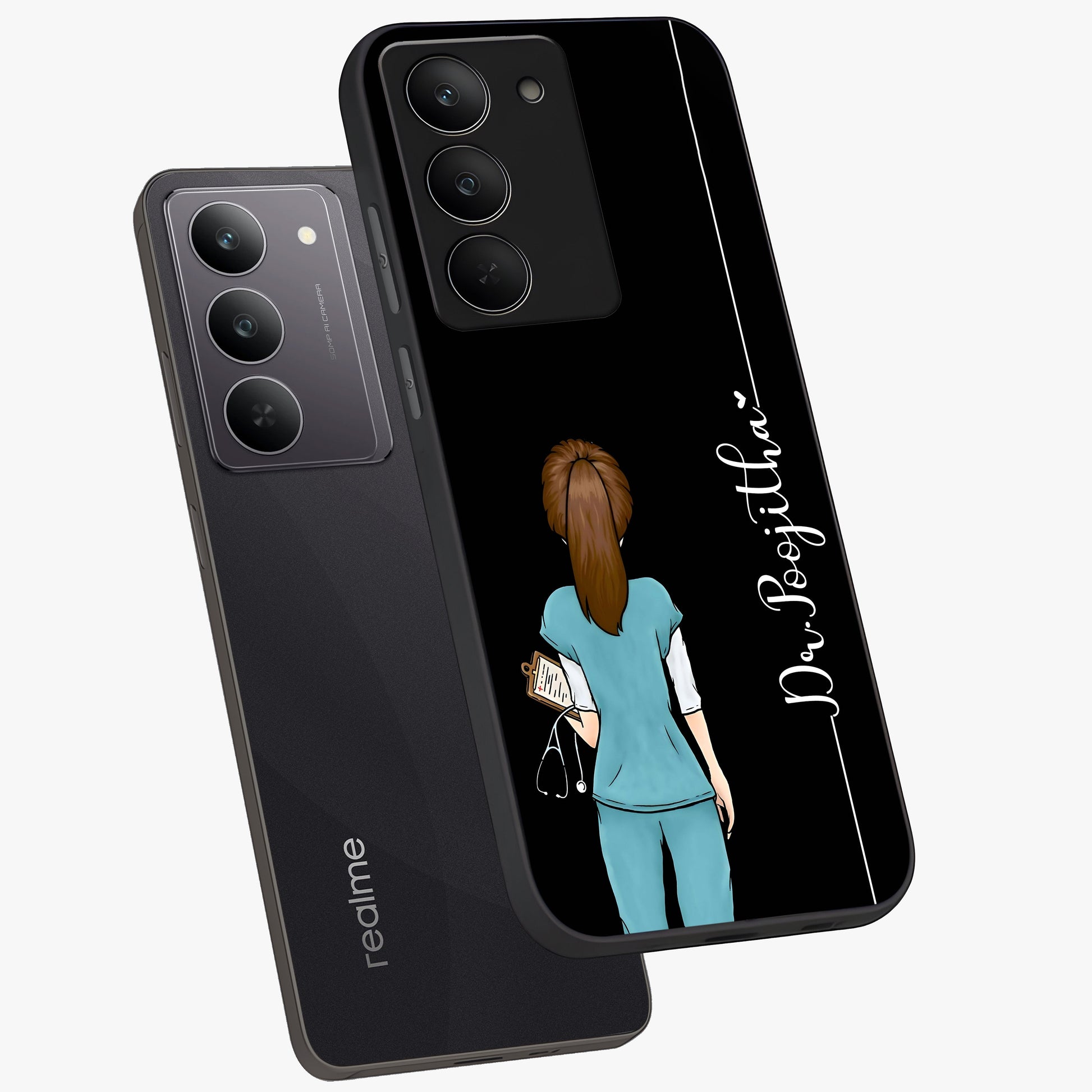 Doctor Pattern Custom Name Glass Case displayed in angled mockup highlighting doctor inspired artwork with custom name feature.
