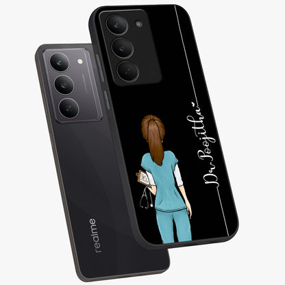 Doctor Pattern Custom Name Glass Case displayed in angled mockup highlighting doctor inspired artwork with custom name feature.