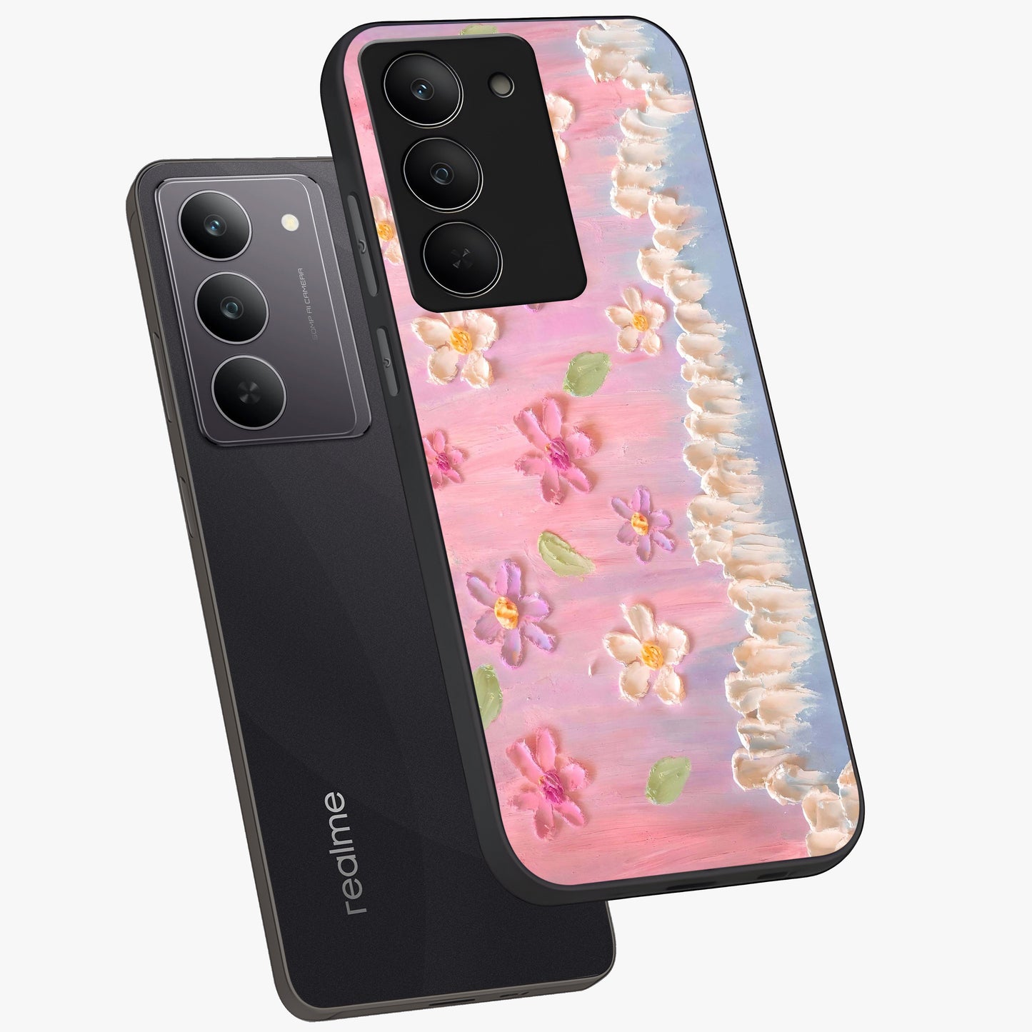 Dreamy Painted Garden Glass Case displayed in angled mockup highlighting colorful garden illustration with dreamy aesthetic style.