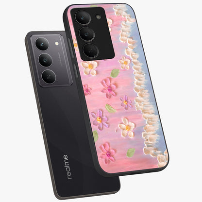 Dreamy Painted Garden Glass Case displayed in angled mockup highlighting colorful garden illustration with dreamy aesthetic style.
