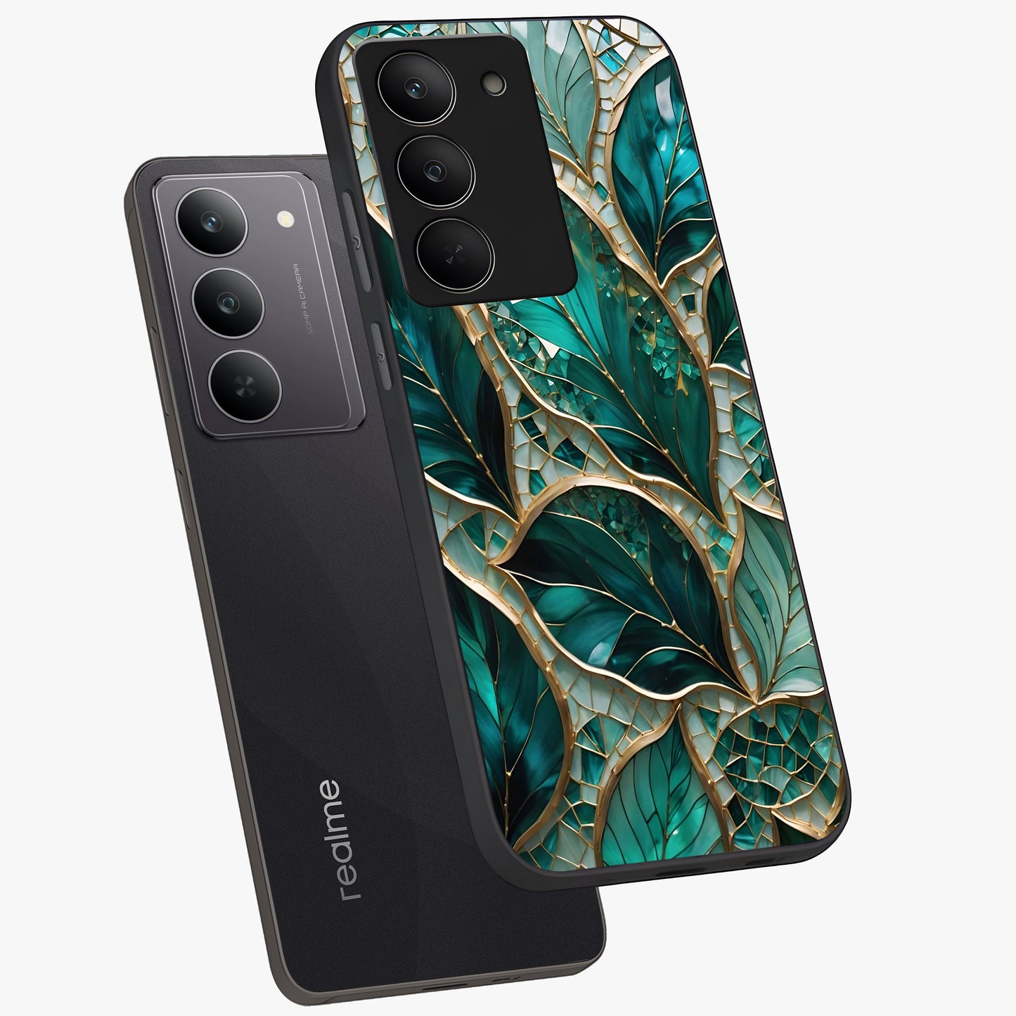 Emerald Leaf Glass Glass Case displayed in angled mockup highlighting botanical leaf illustration with elegant natural aesthetic.