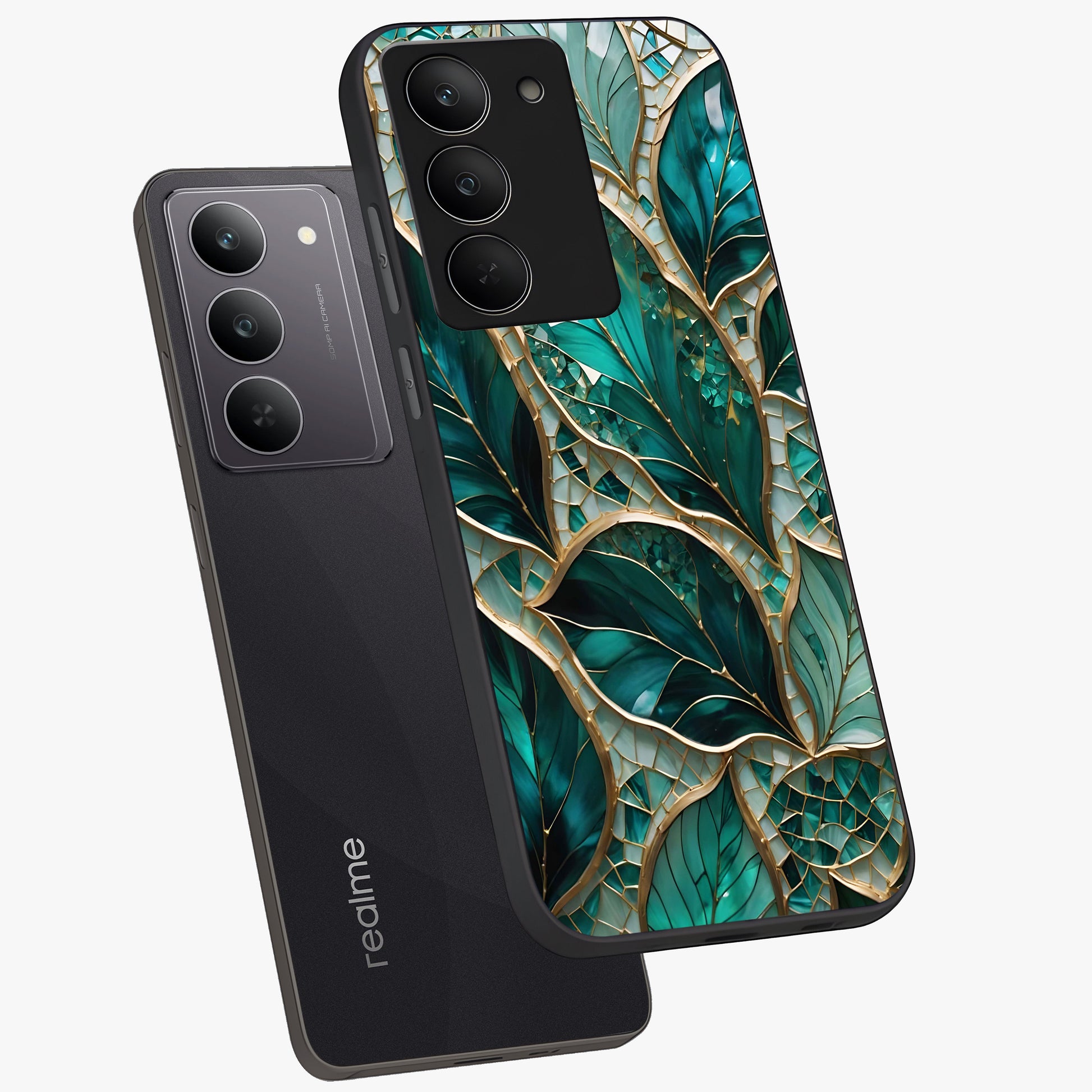 Emerald Leaf Glass Glass Case displayed in angled mockup highlighting botanical leaf illustration with elegant natural aesthetic.