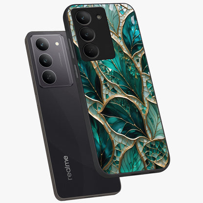 Emerald Leaf Glass Glass Case displayed in angled mockup highlighting botanical leaf illustration with elegant natural aesthetic.