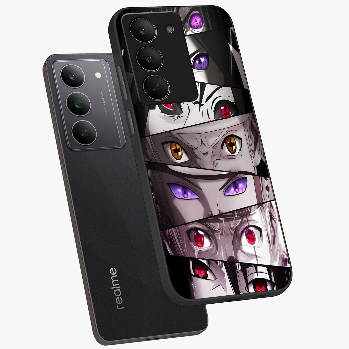 Eyes of Destiny Glass Case displayed in angled mockup highlighting bold eye illustration with mystical aesthetic style.
