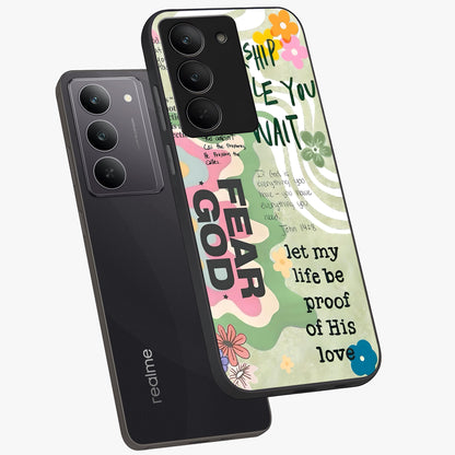 Faith Over Fear Glass Case displayed in angled mockup highlighting inspirational message design with modern aesthetic style.