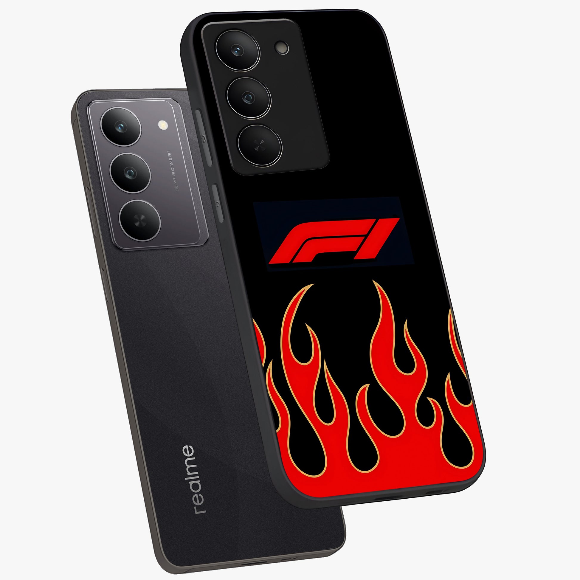 Fire F11 Glass Case displayed in angled mockup highlighting bold fire inspired graphic with energetic aesthetic style.