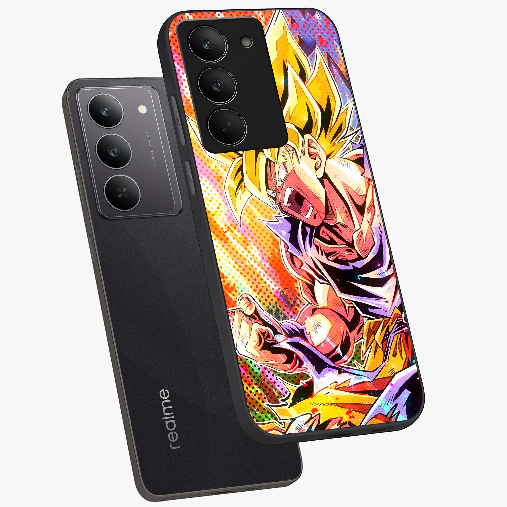 Firing Goku Glass Case displayed in angled mockup highlighting dynamic anime character design with action aesthetic.