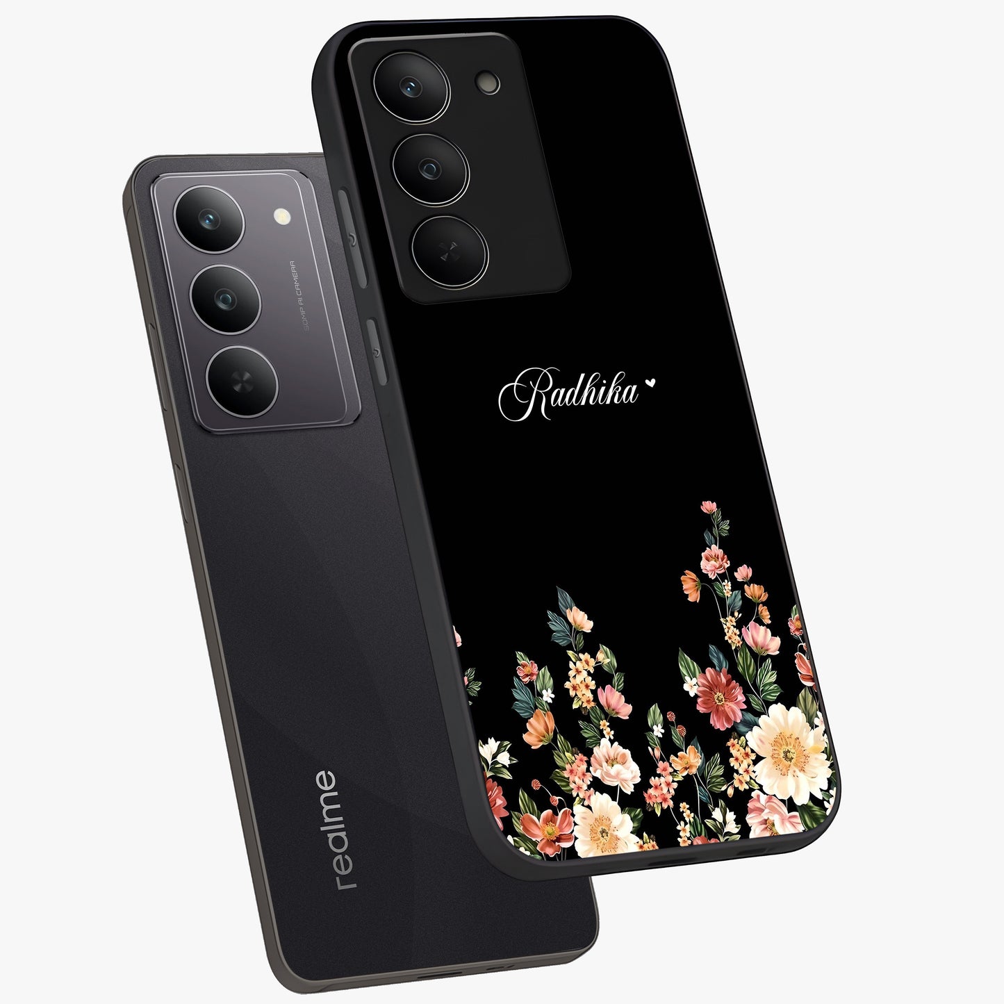 Floral Design With a Custom Personalized Name Glass Case displayed in angled mockup highlighting elegant floral pattern with custom name feature.