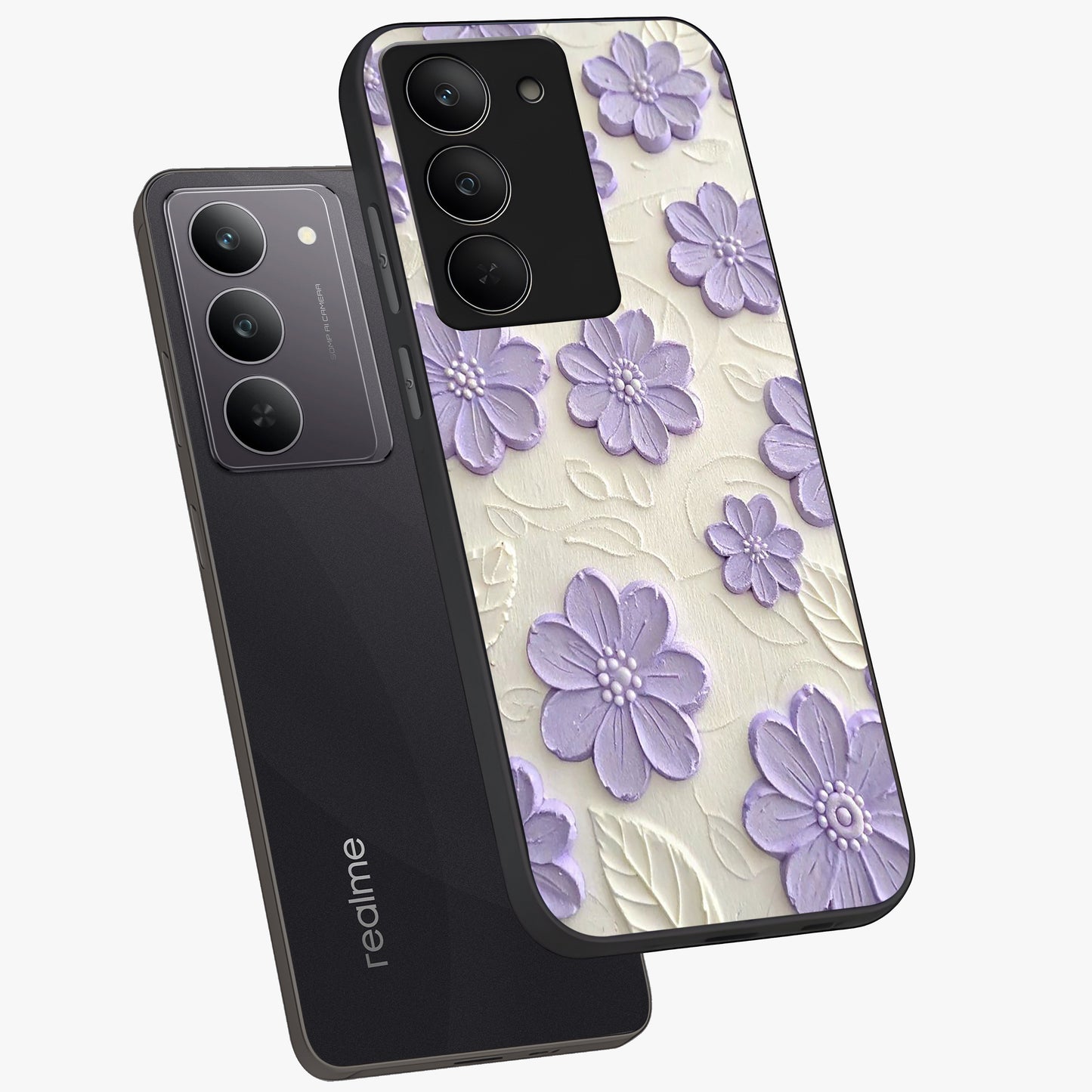Floral Wall Art With Purple Flowers Glass Case displayed in angled mockup highlighting vibrant purple floral illustration with artistic aesthetic.