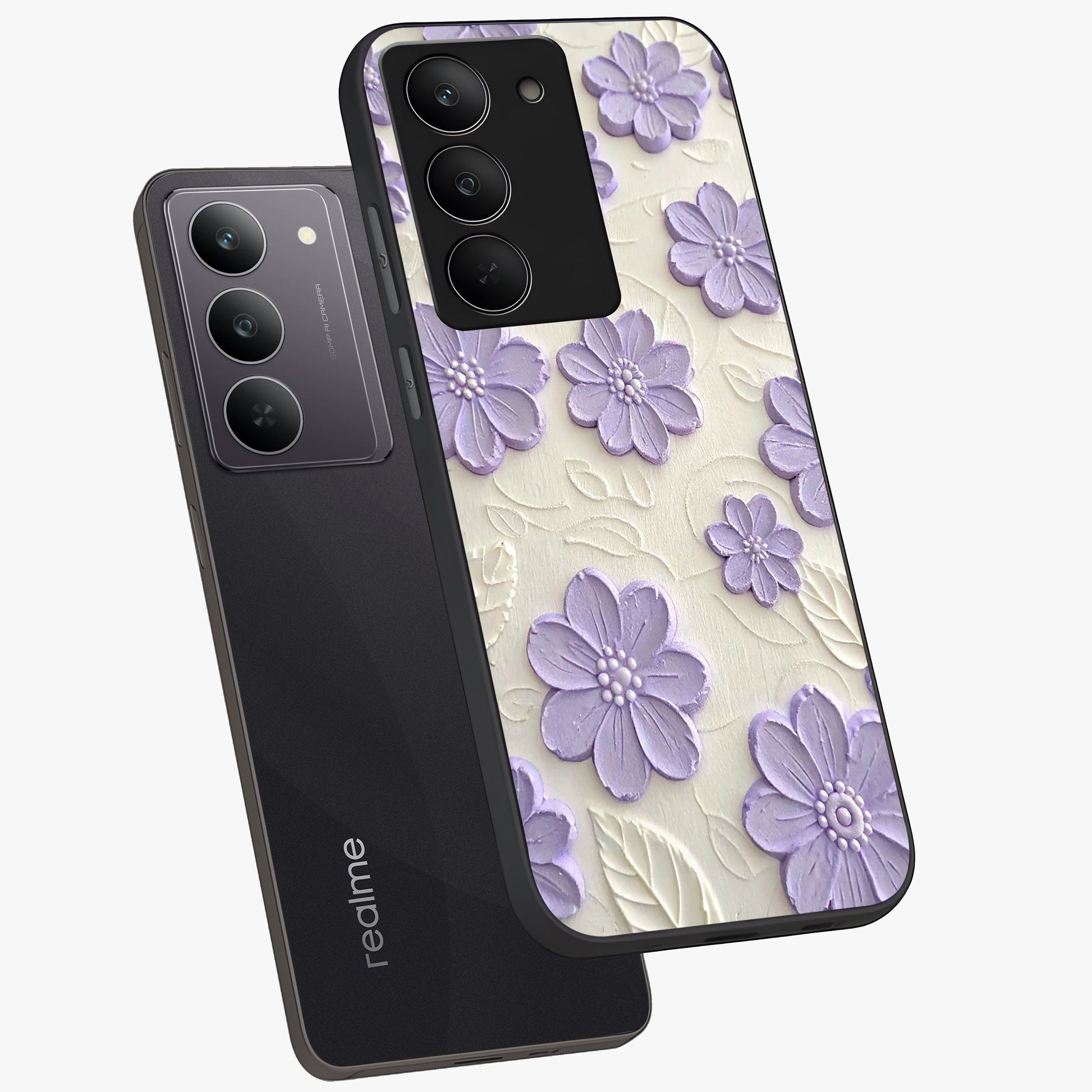 Floral Wall Art With Purple Flowers Glass Case displayed in angled mockup highlighting vibrant purple floral illustration with artistic aesthetic.