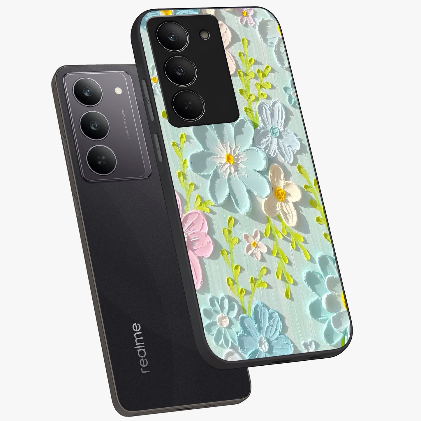 Frosted Petal Garden Glass Case displayed in angled mockup highlighting delicate flower petal design with calm garden aesthetic.