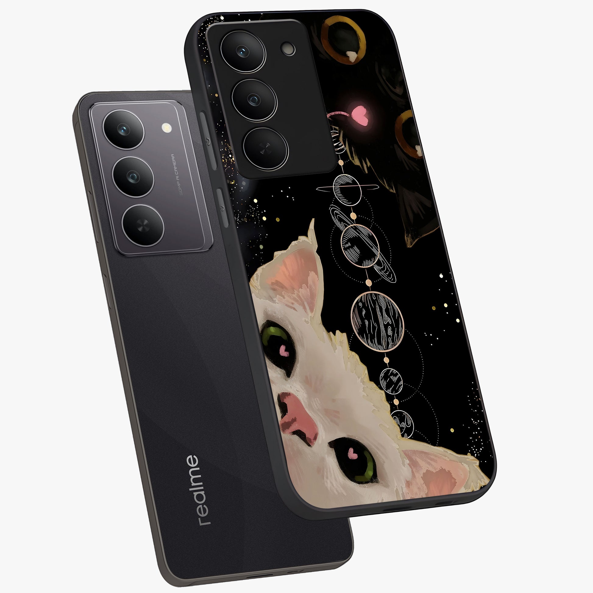 Galactic Cat Glass Case displayed in angled mockup highlighting celestial feline illustration with galaxy aesthetic style.