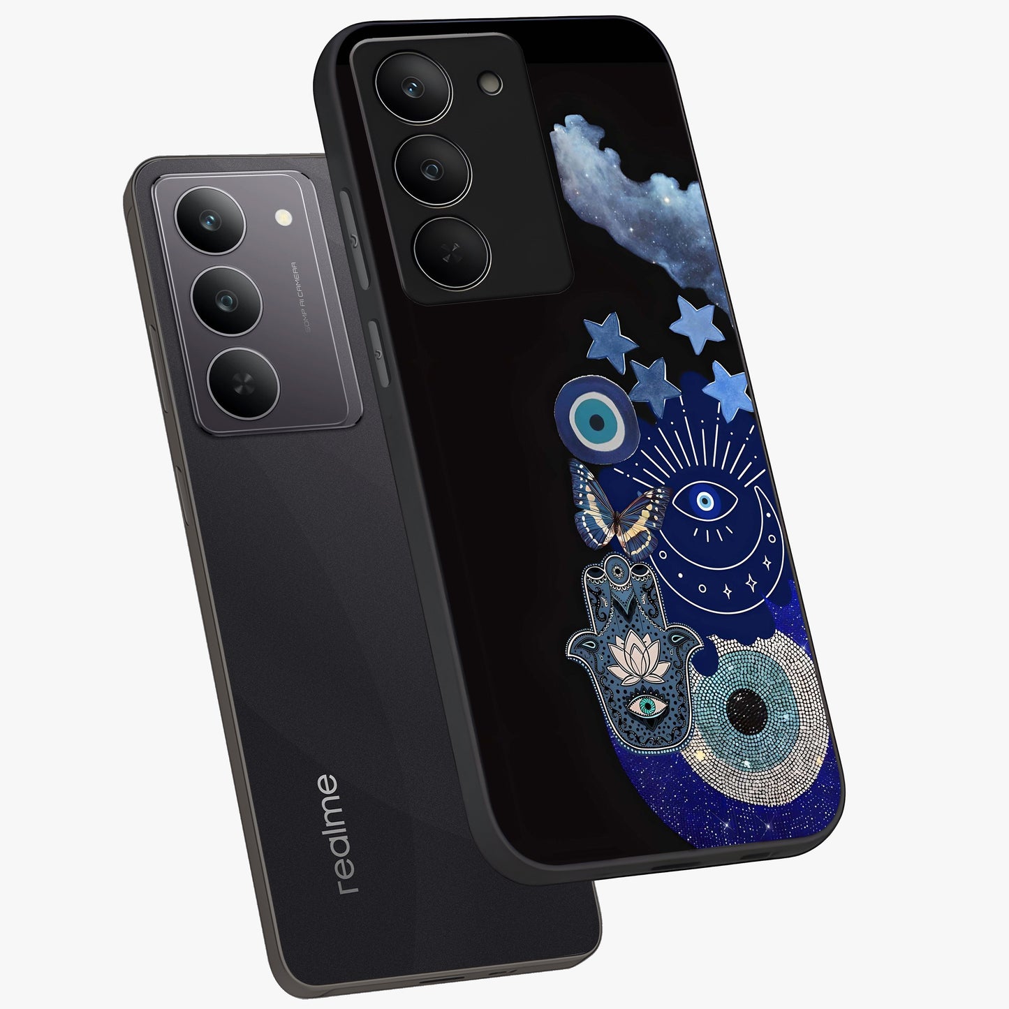 Galactic Charm Cluster Glass Case displayed in angled mockup highlighting luminous galaxy inspired design with dreamy aesthetic.