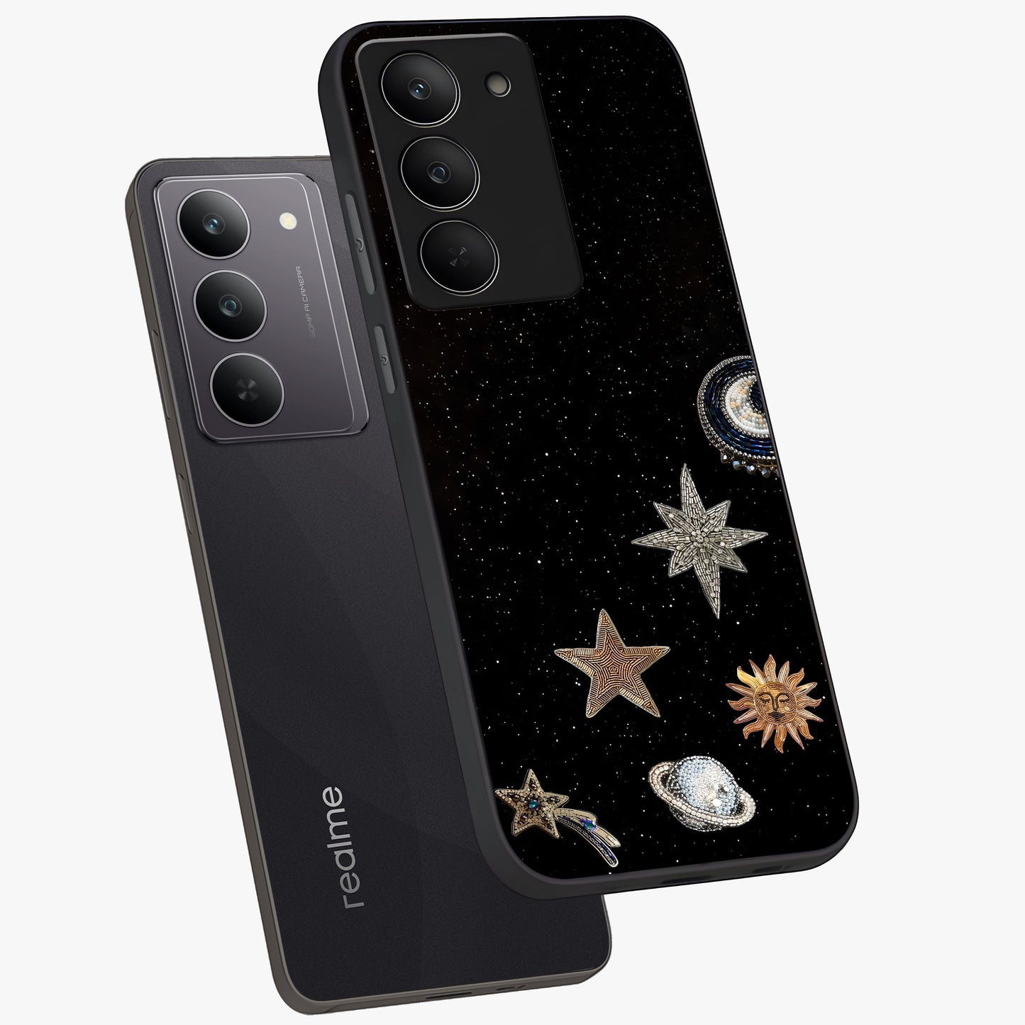 Galactic Charm Glow Glass Case displayed in angled mockup highlighting luminous galaxy inspired design with dreamy aesthetic.