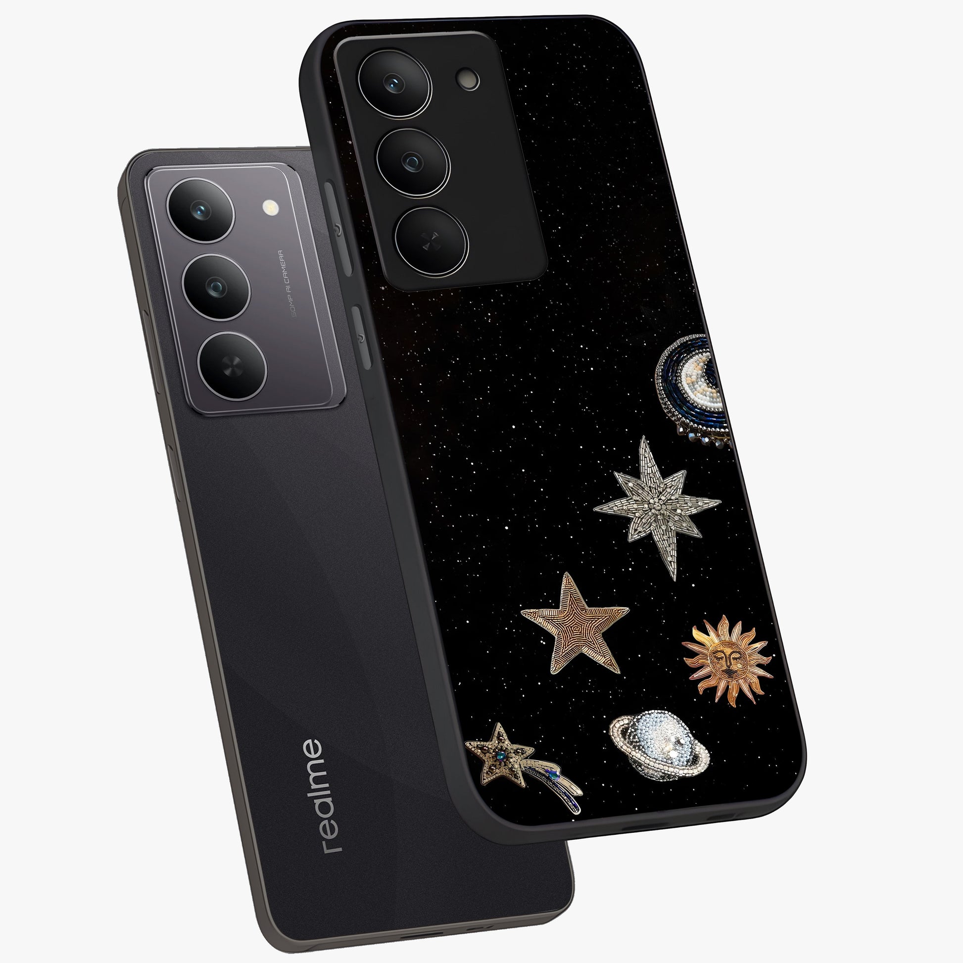 Galactic Charm Glow Glass Case displayed in angled mockup highlighting luminous galaxy inspired design with dreamy aesthetic.