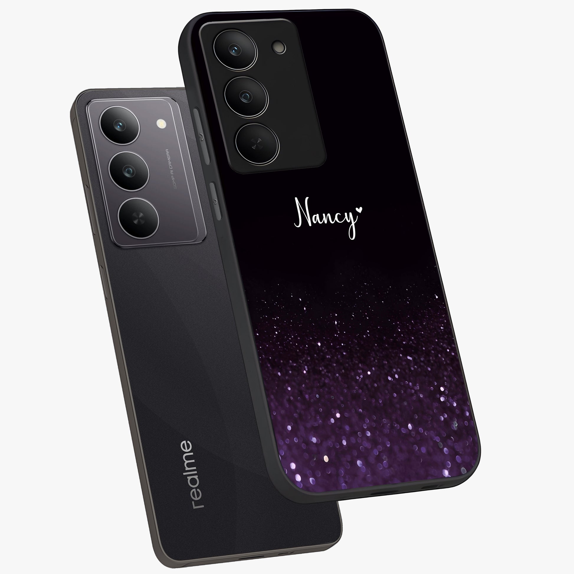 Glittery Purple Bokeh Custom Name Glass Case displayed in angled mockup highlighting glitter bokeh pattern with custom name feature.