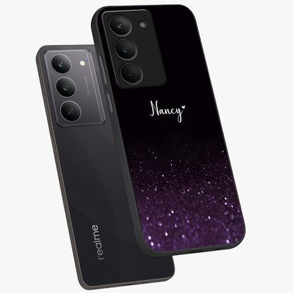 Glittery Purple Bokeh Custom Name Glass Case displayed in angled mockup highlighting glitter bokeh pattern with custom name feature.