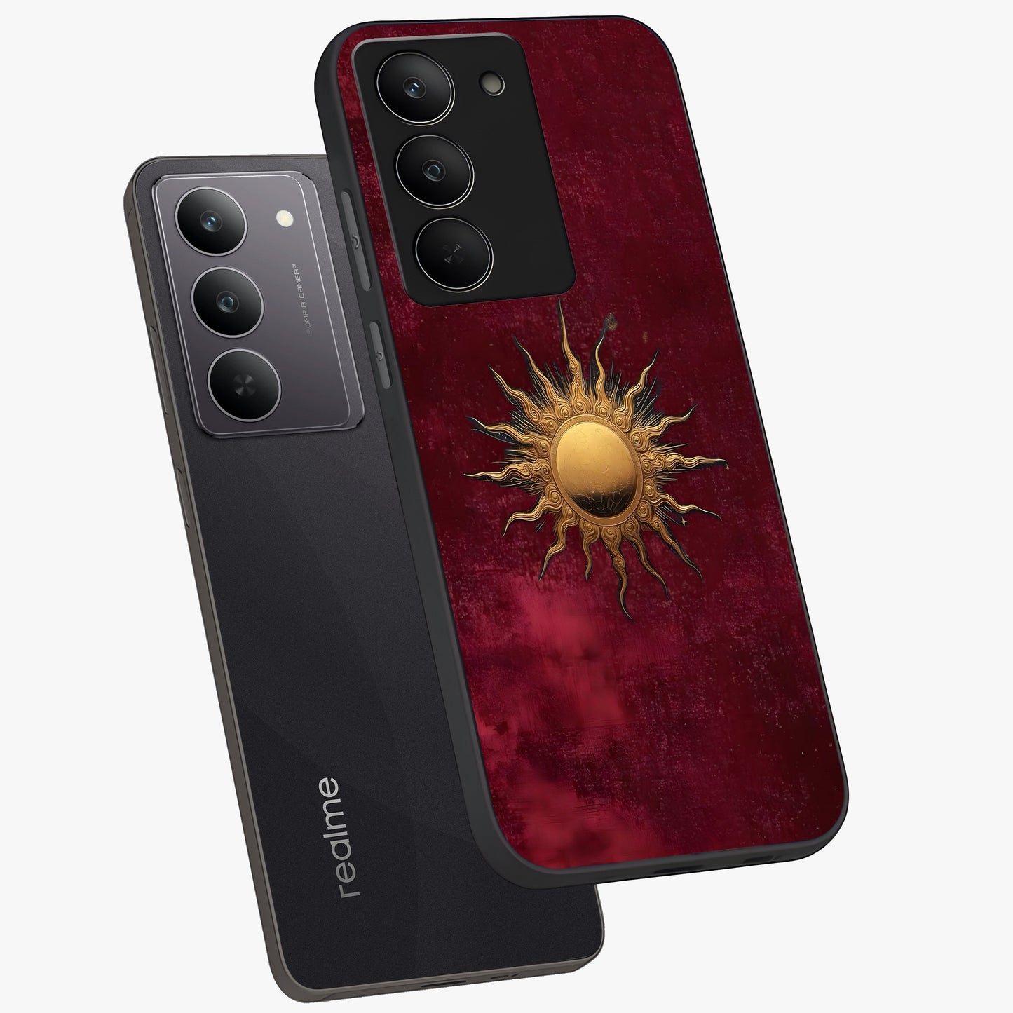 Golden Sun Minimalism Glass Case displayed in angled mockup highlighting clean sun symbol design with modern minimal aesthetic.