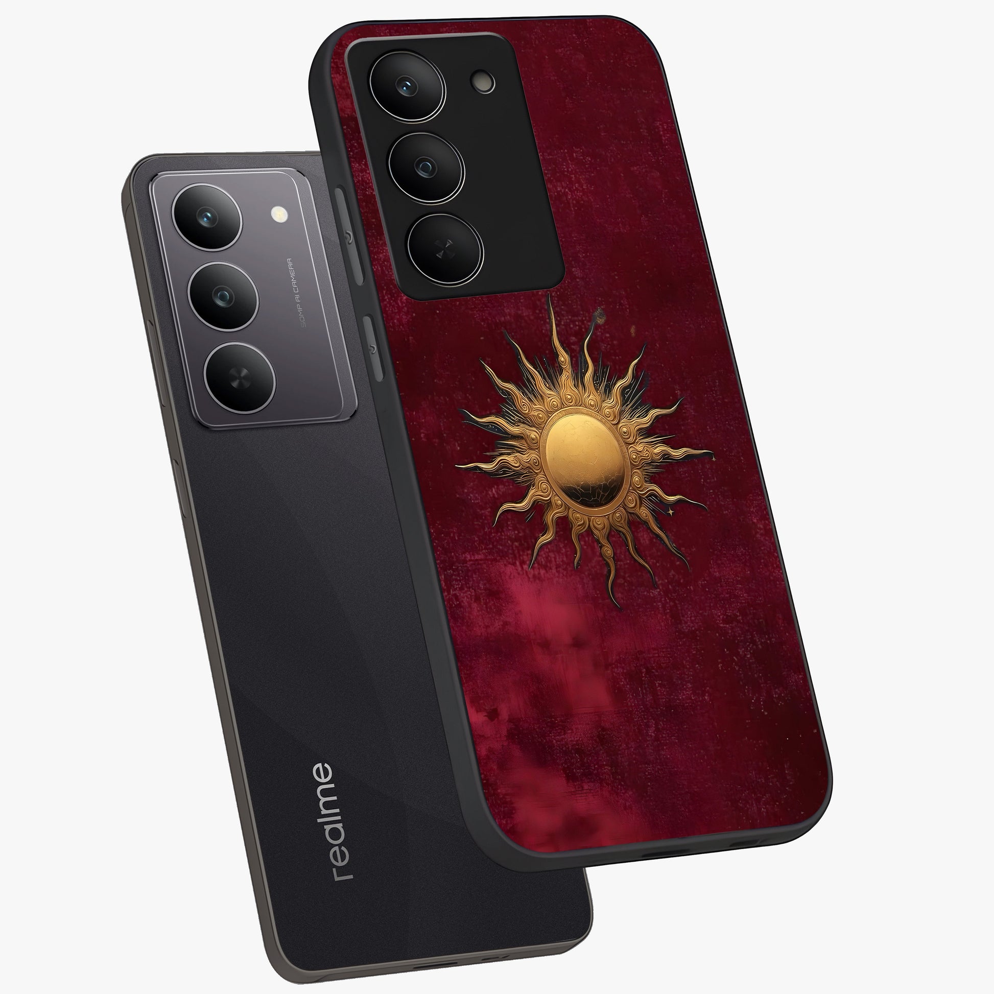 Golden Sun Minimalism Glass Case displayed in angled mockup highlighting clean sun symbol design with modern minimal aesthetic.