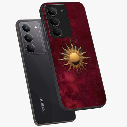 Golden Sun Minimalism Glass Case displayed in angled mockup highlighting clean sun symbol design with modern minimal aesthetic.