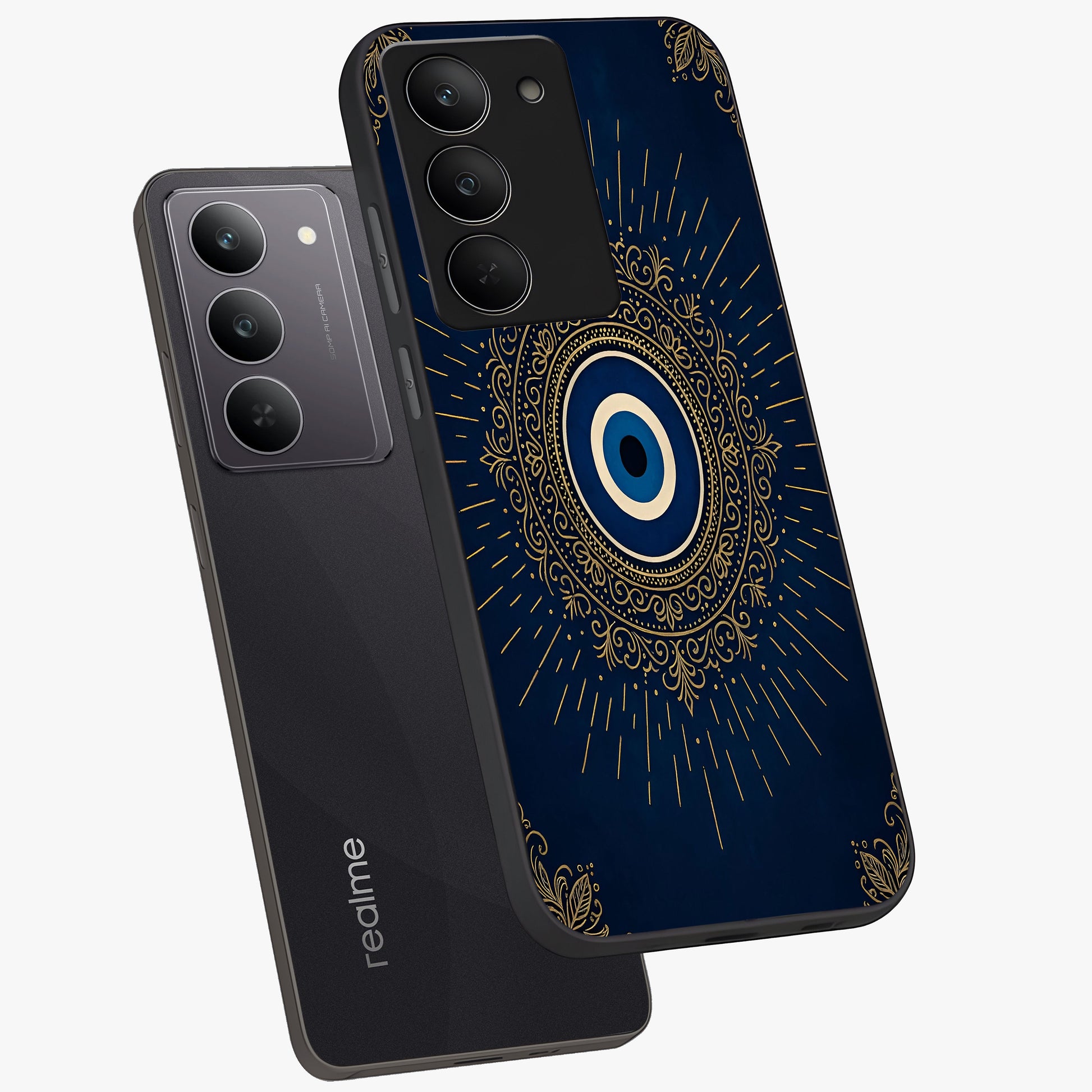 Golden Celestial Charm Glass Case displayed in angled mockup highlighting sparkling cosmic charm design with celestial aesthetic.
