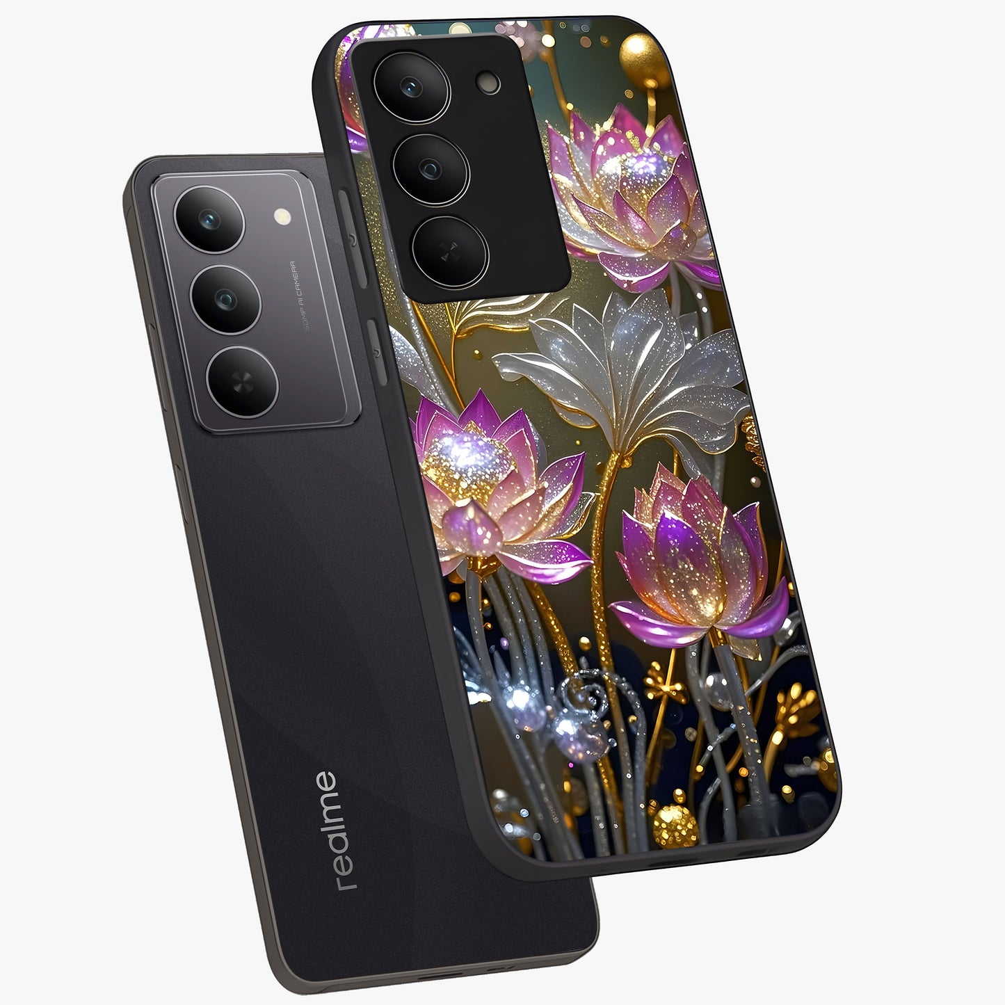 Golden Floral Majesty Glass Case displayed in angled mockup highlighting elegant flower design with royal golden aesthetic.