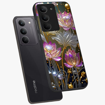 Golden Floral Majesty Glass Case displayed in angled mockup highlighting elegant flower design with royal golden aesthetic.