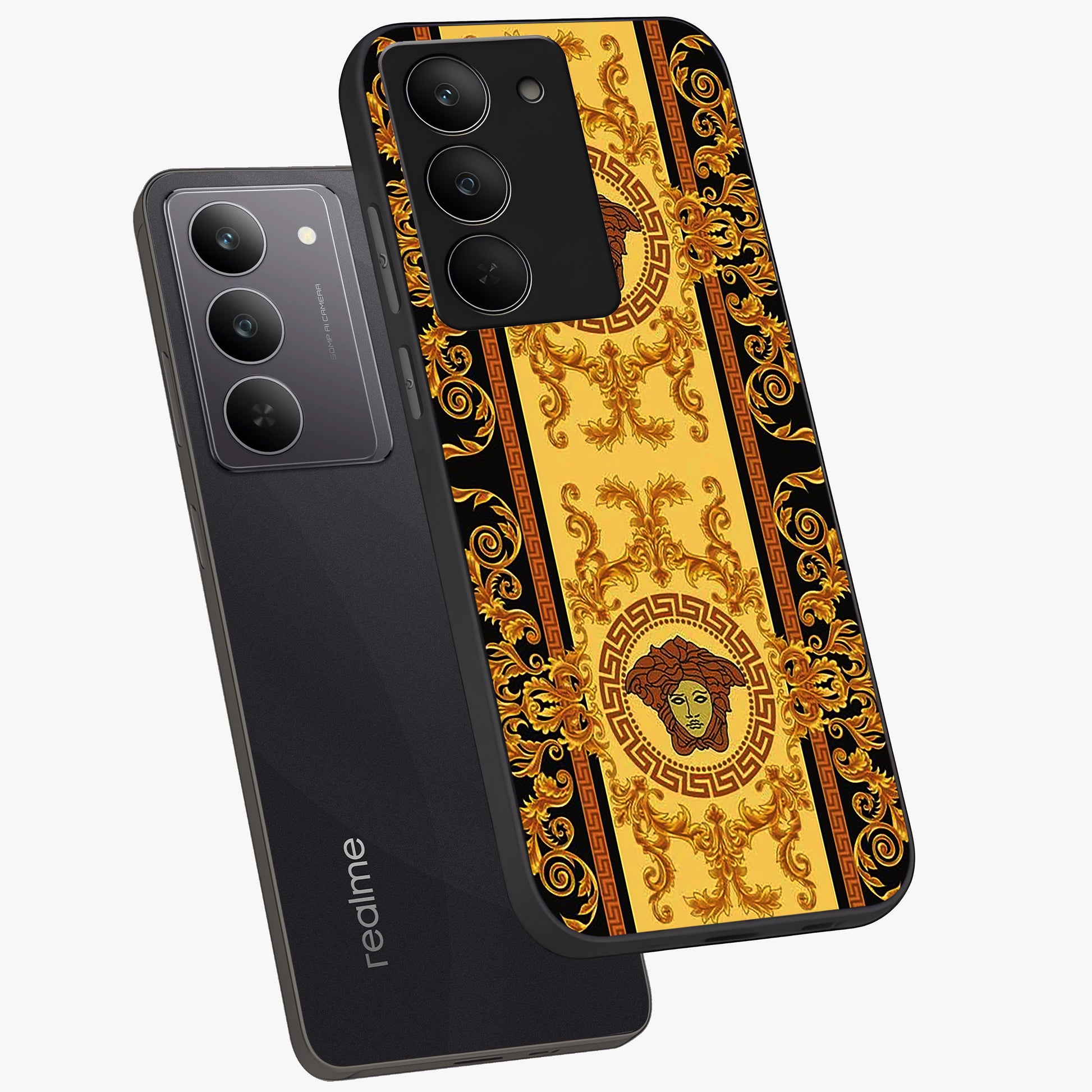 Golden Lotus Glow Glass Case displayed in angled mockup highlighting radiant lotus illustration with spiritual aesthetic.