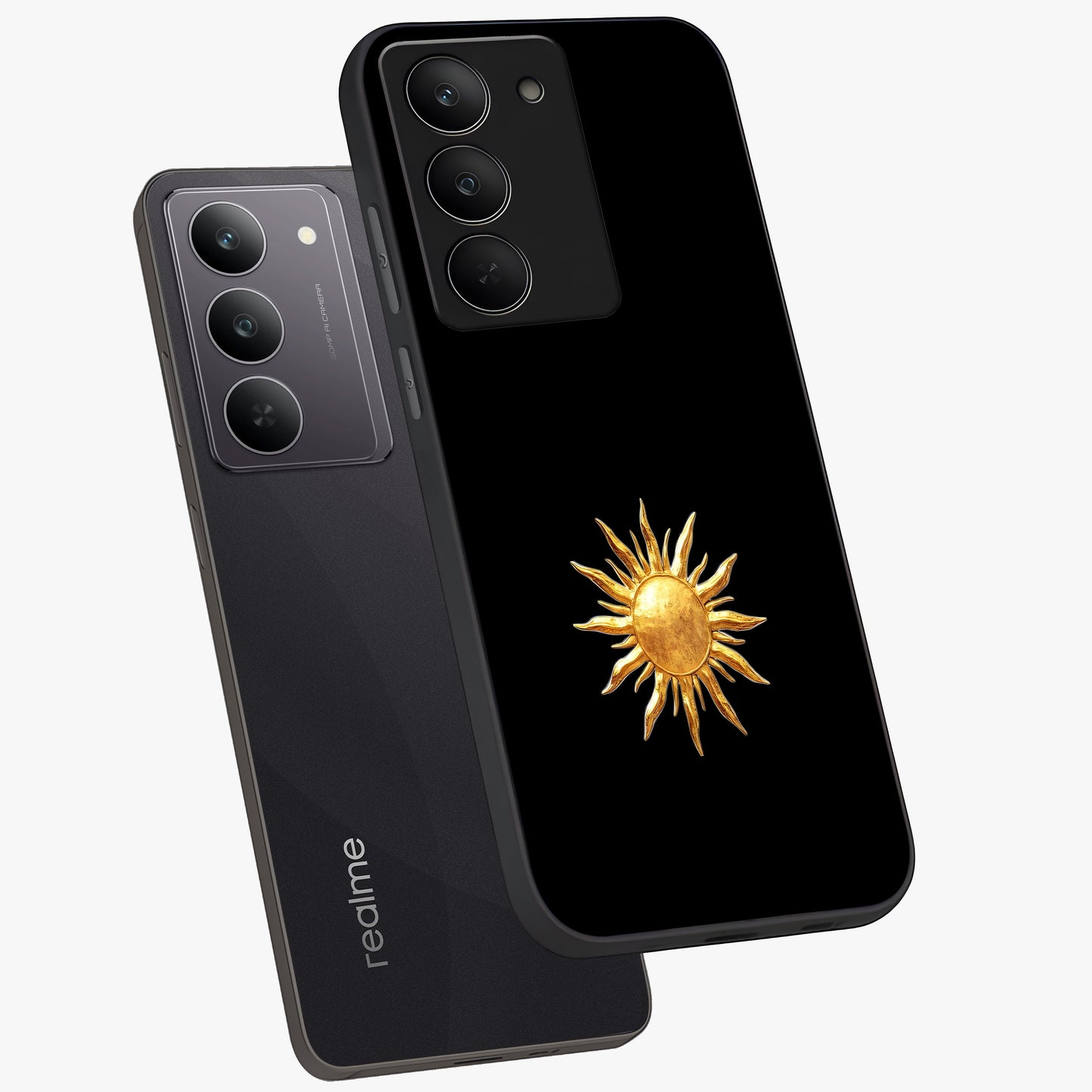 Golden Sun Minimalism Glass Case displayed in angled mockup highlighting eerie shadow illustration with gothic aesthetic.
