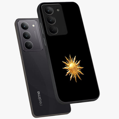Golden Sun Minimalism Glass Case displayed in angled mockup highlighting eerie shadow illustration with gothic aesthetic.