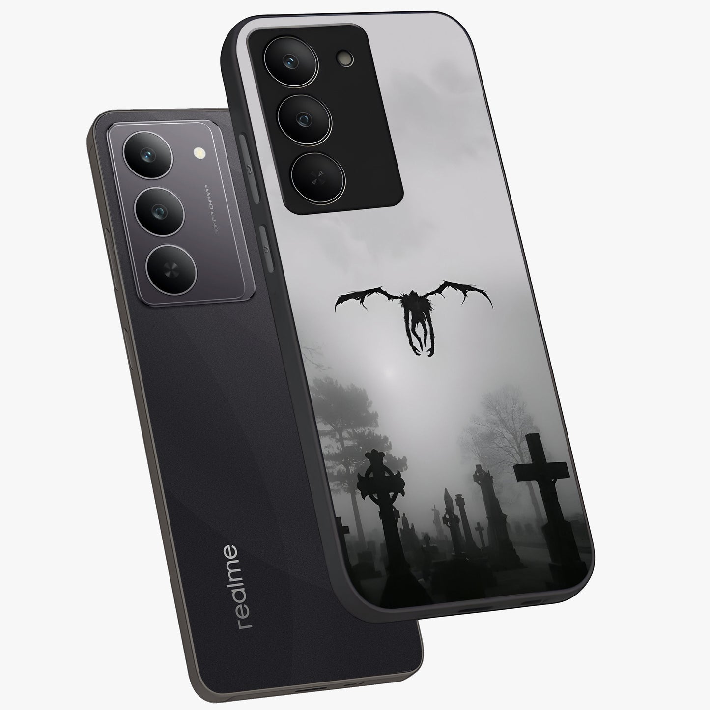 Graveyard Shadow Descent Glass Case displayed in angled mockup highlighting eerie shadow illustration with gothic aesthetic.