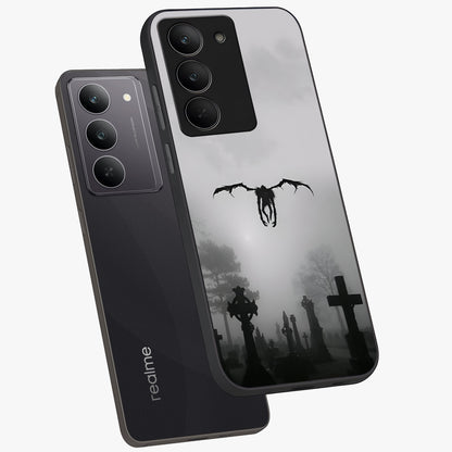 Graveyard Shadow Descent Glass Case displayed in angled mockup highlighting eerie shadow illustration with gothic aesthetic.