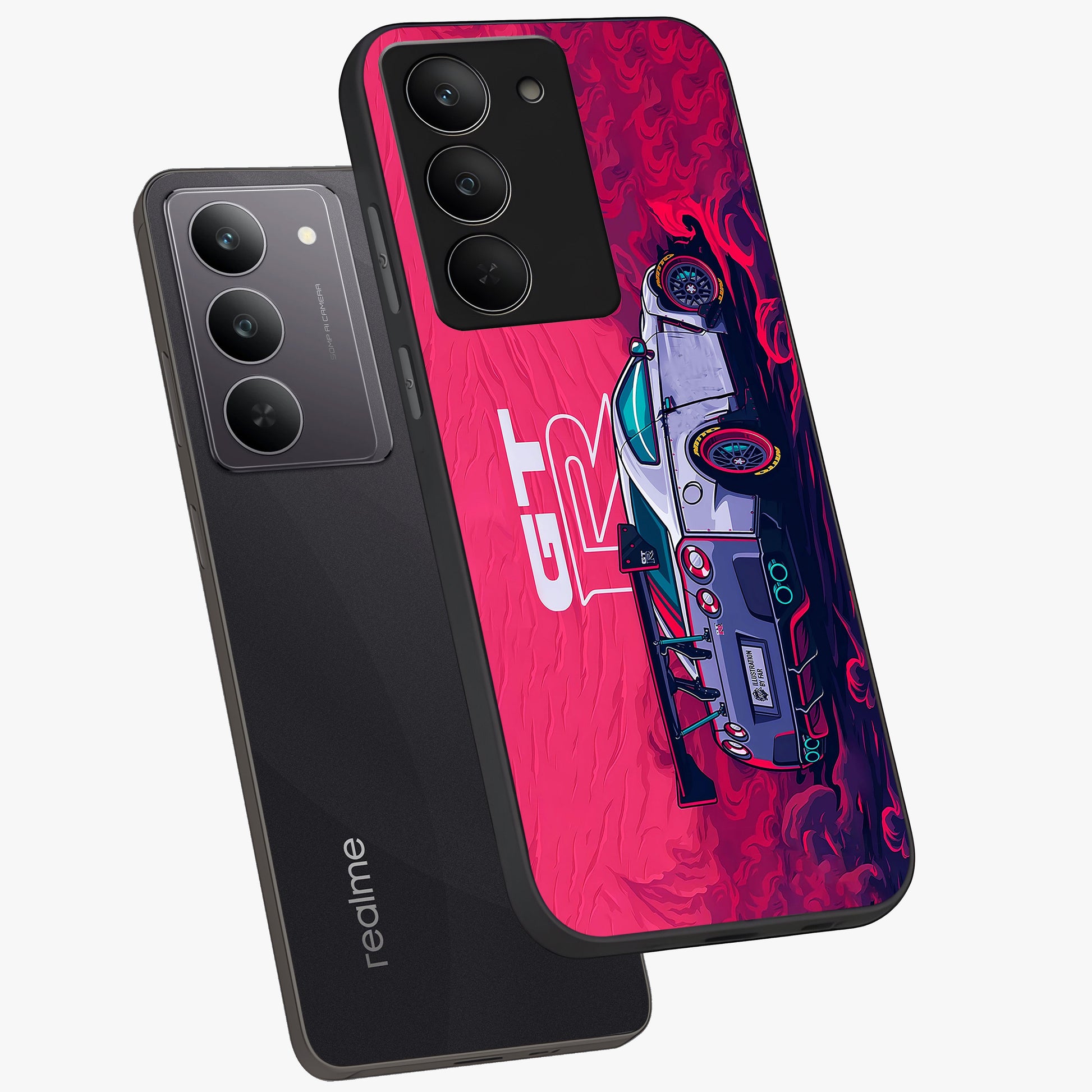 GT-R Car Pattern Glass Case displayed in angled mockup highlighting racing car graphic design with bold automotive aesthetic.