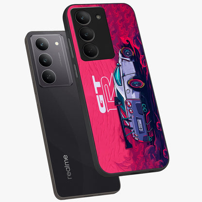 GT-R Car Pattern Glass Case displayed in angled mockup highlighting racing car graphic design with bold automotive aesthetic.