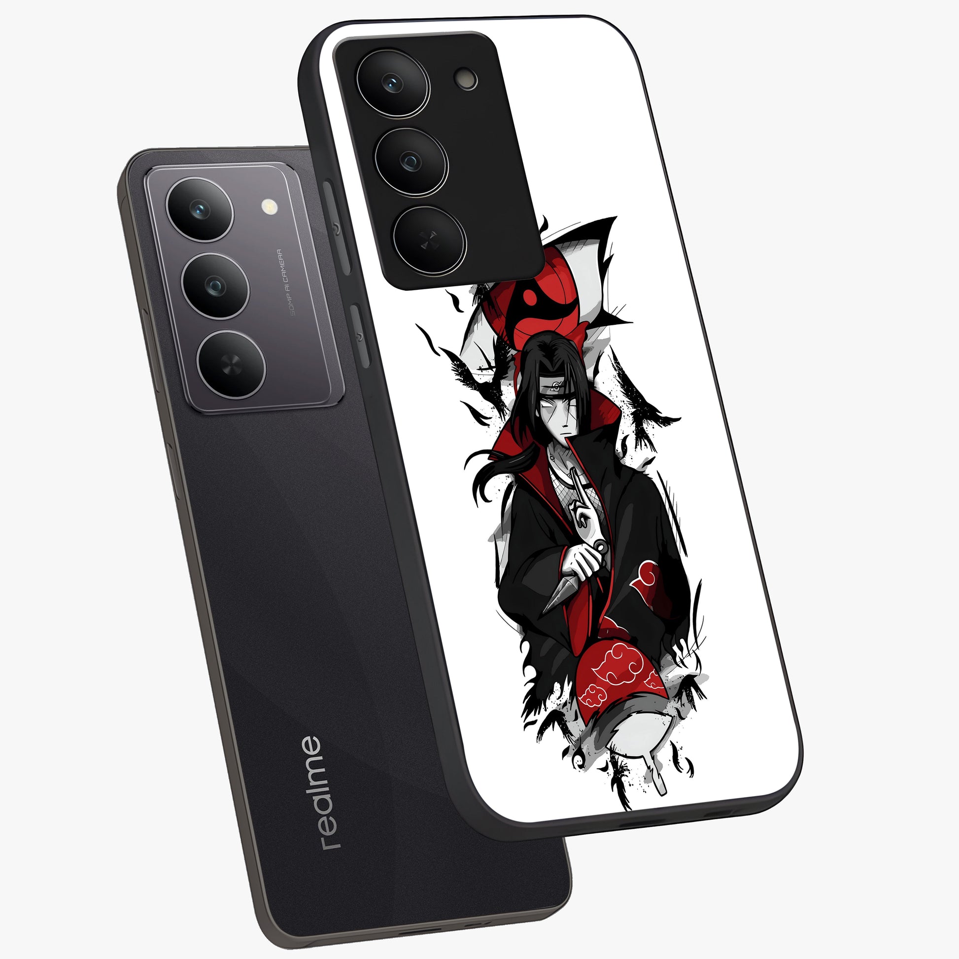 Itachi Limited Edition Naruto Anime Glass Case displayed in angled mockup highlighting dramatic anime illustration with bold action aesthetic.