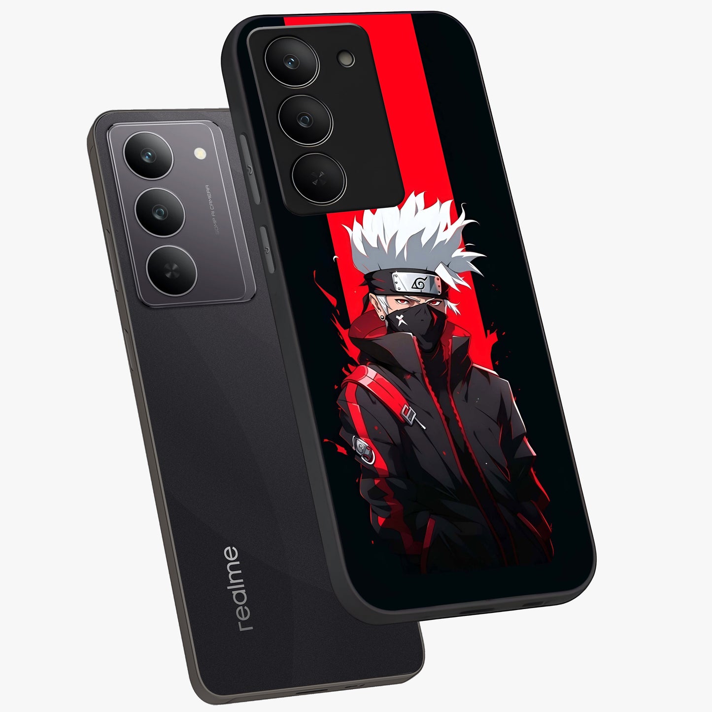 Kakashi Scarlet Shadow Glass Case displayed in angled mockup highlighting dramatic ninja illustration with scarlet themed aesthetic.