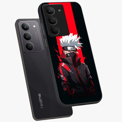Kakashi Scarlet Shadow Glass Case displayed in angled mockup highlighting dramatic ninja illustration with scarlet themed aesthetic.
