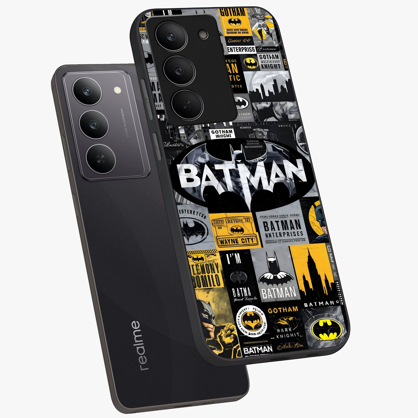 Knight Gotham Rise Glass Case displayed in angled mockup highlighting powerful knight silhouette design with dramatic aesthetic.