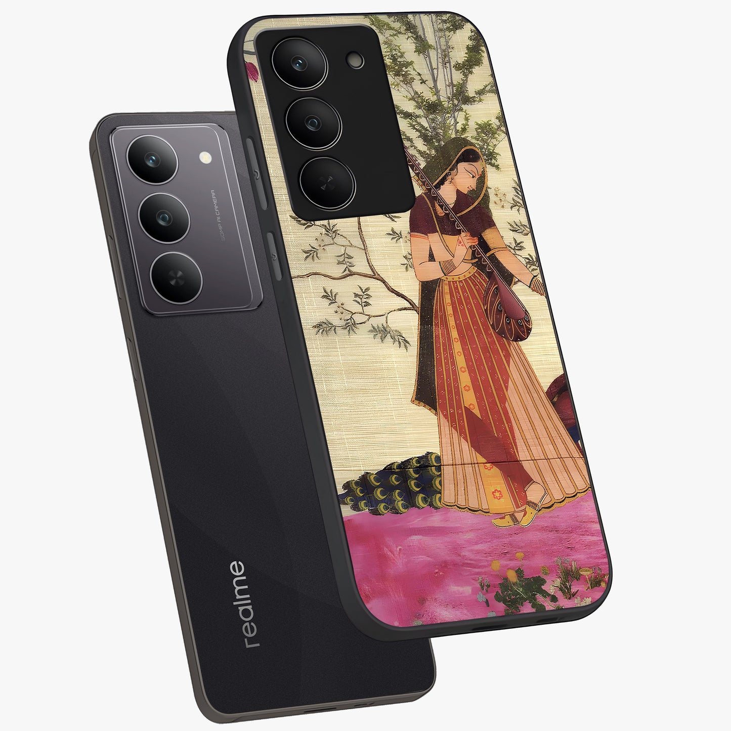 Lady With Veena Art Glass Case displayed in angled mockup highlighting graceful musical illustration with cultural artistic aesthetic.