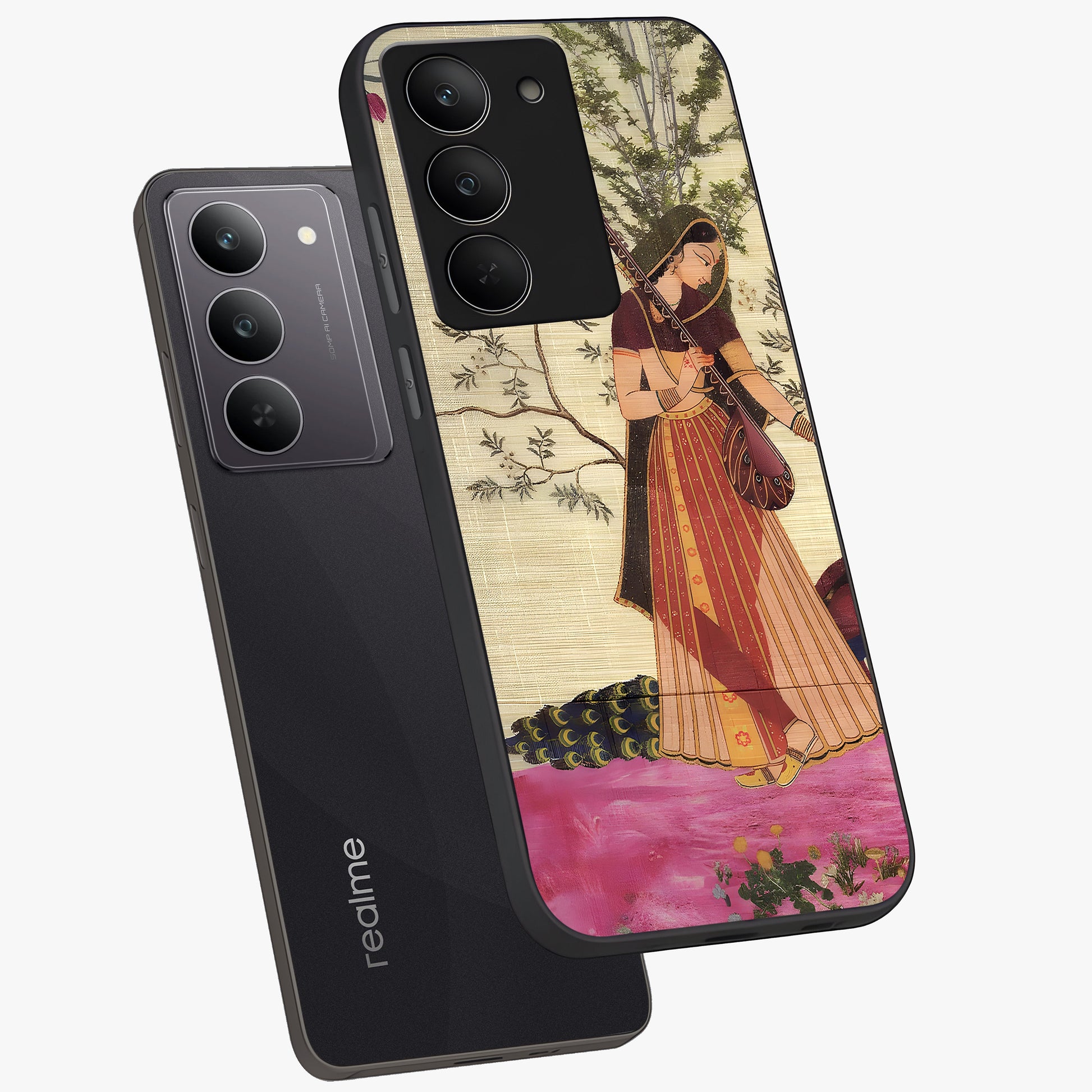 Lady With Veena Art Glass Case displayed in angled mockup highlighting graceful musical illustration with cultural artistic aesthetic.