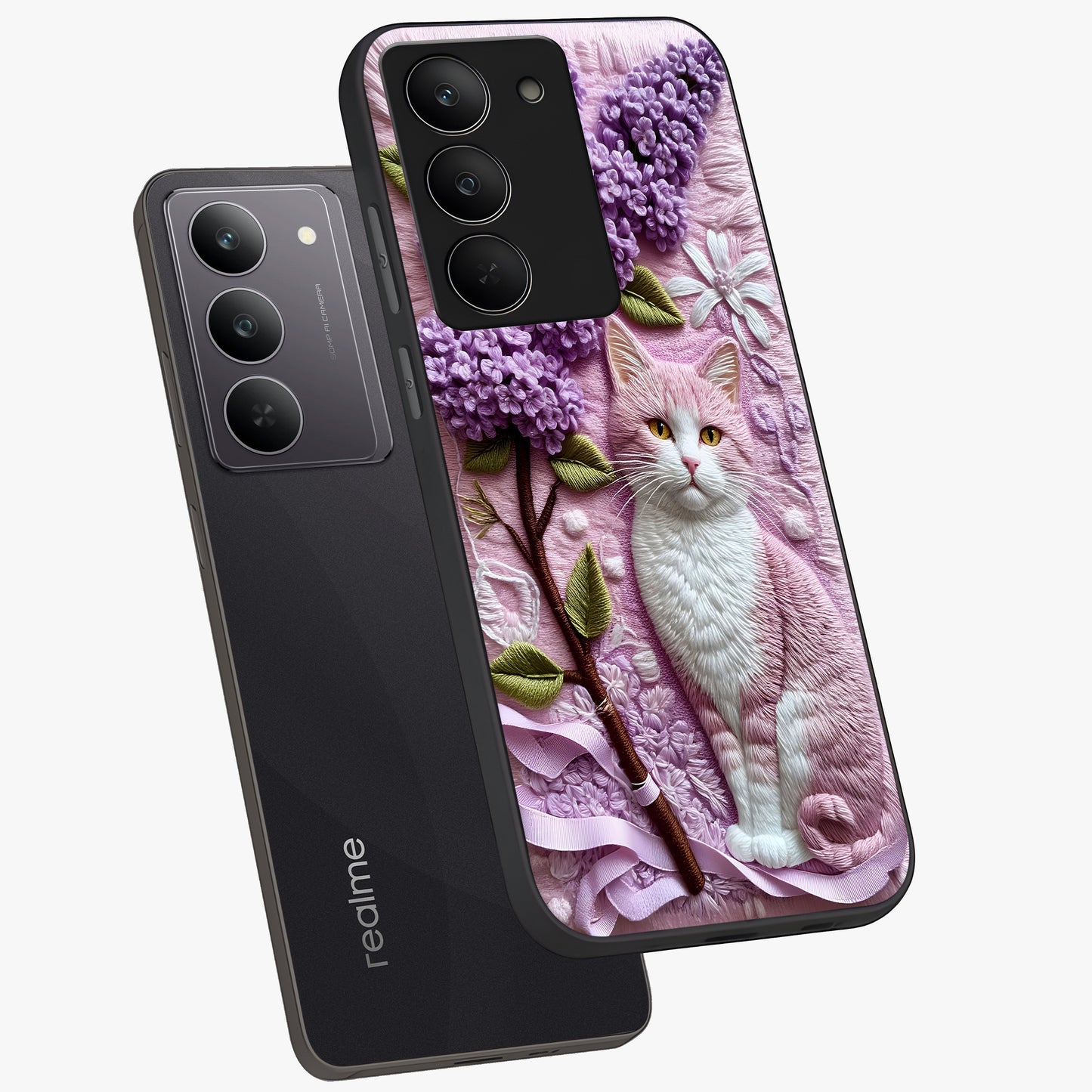 Lavender Cat Whimsy Glass Case displayed in angled mockup highlighting playful feline illustration with pastel lavender aesthetic.