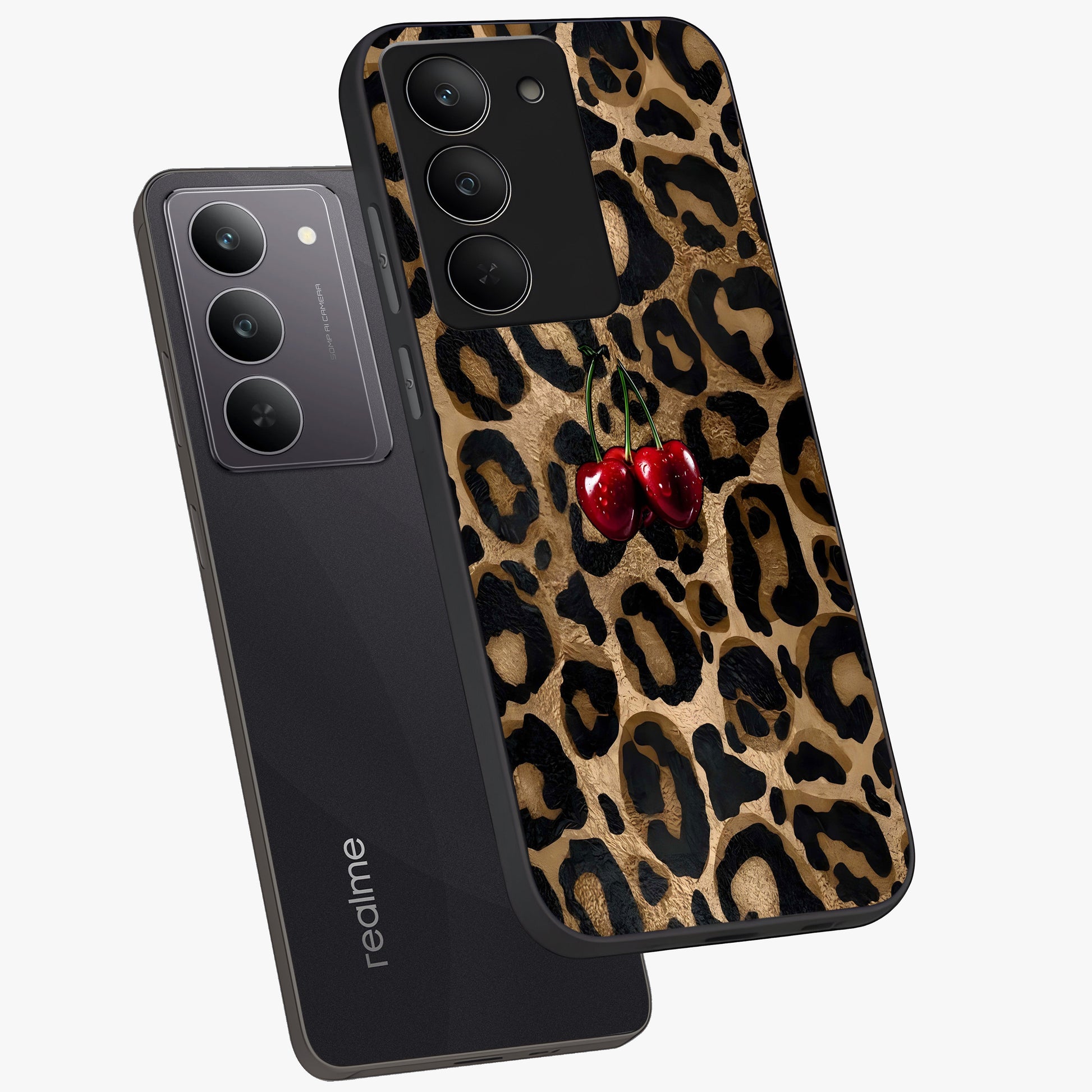 Leopard Wild Cherry Glass Case displayed in angled mockup highlighting bold animal print design with playful cherry aesthetic.