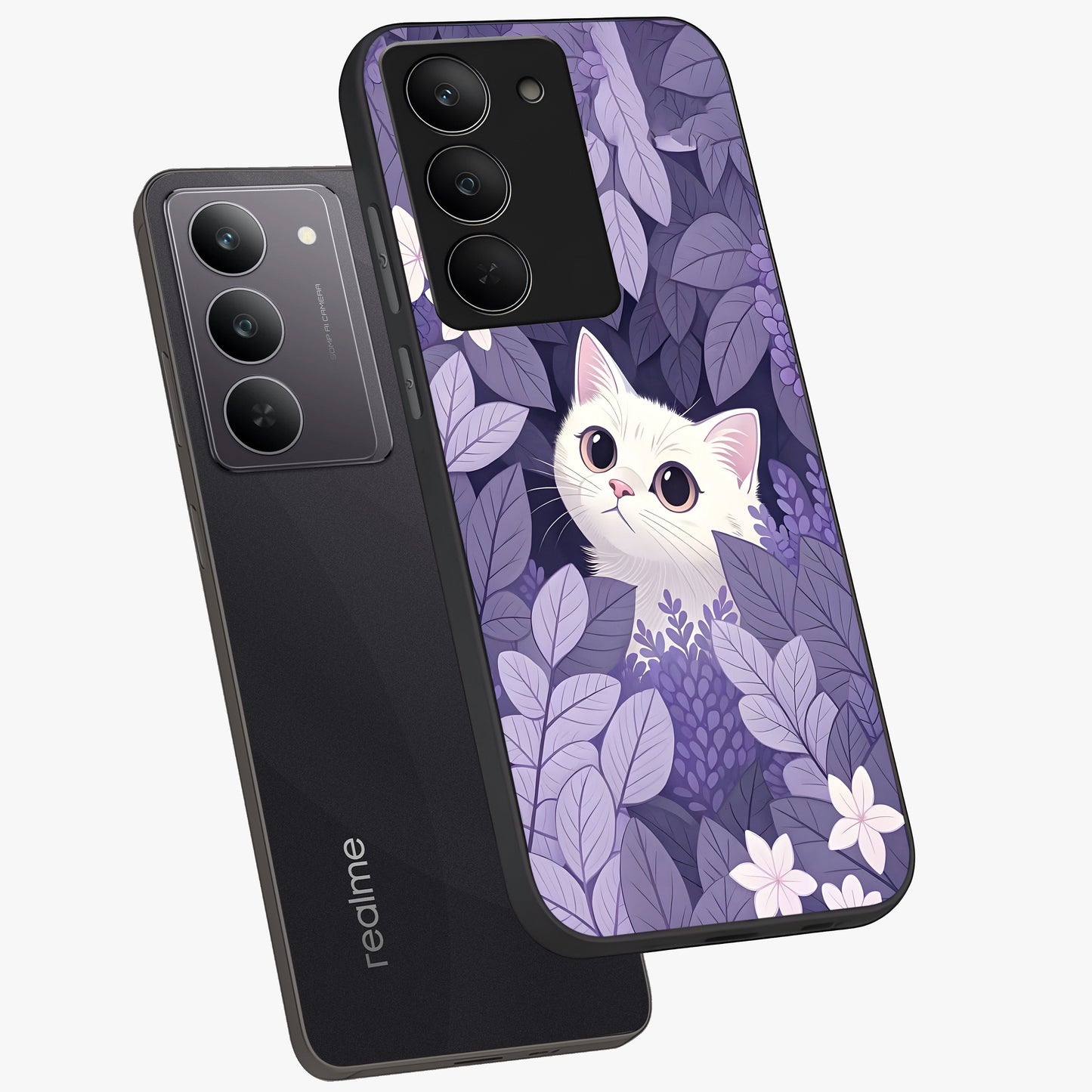 Lilac Hide Peek Cat Glass Case displayed in angled mockup highlighting playful feline illustration with lilac aesthetic design.