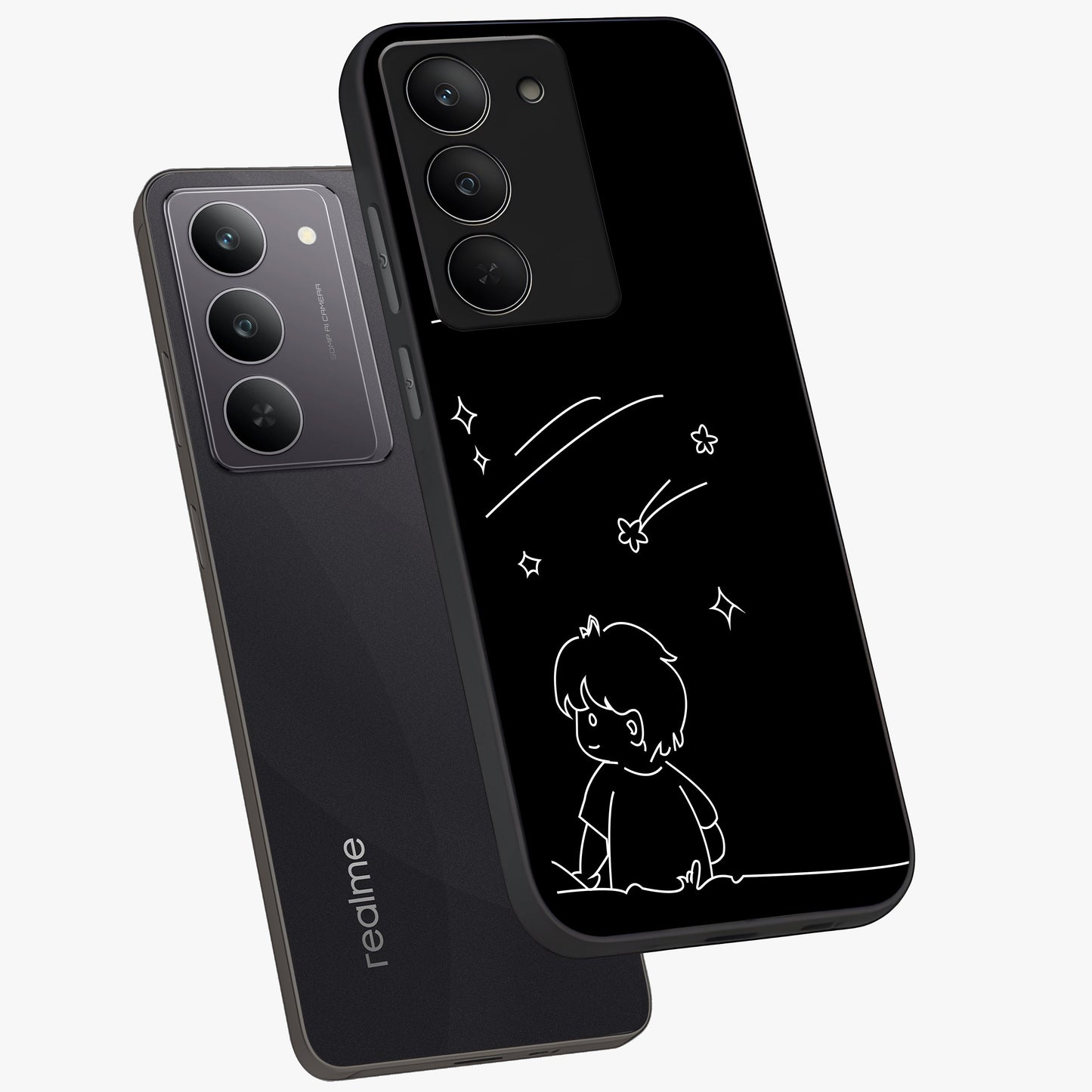 Line Art Boy With Shooting Stars Glass Case displayed in angled mockup highlighting elegant line art design with dreamy star aesthetic.