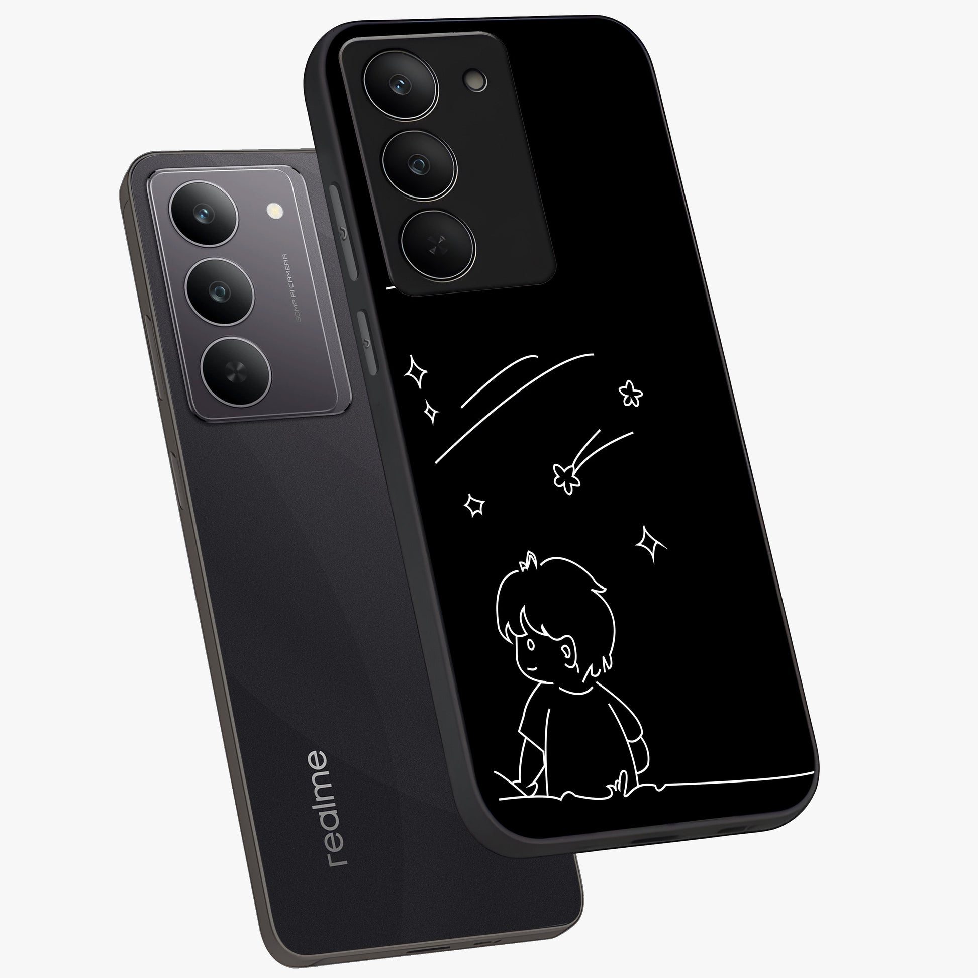 Line Art Boy With Shooting Stars Glass Case displayed in angled mockup highlighting elegant line art design with dreamy star aesthetic.